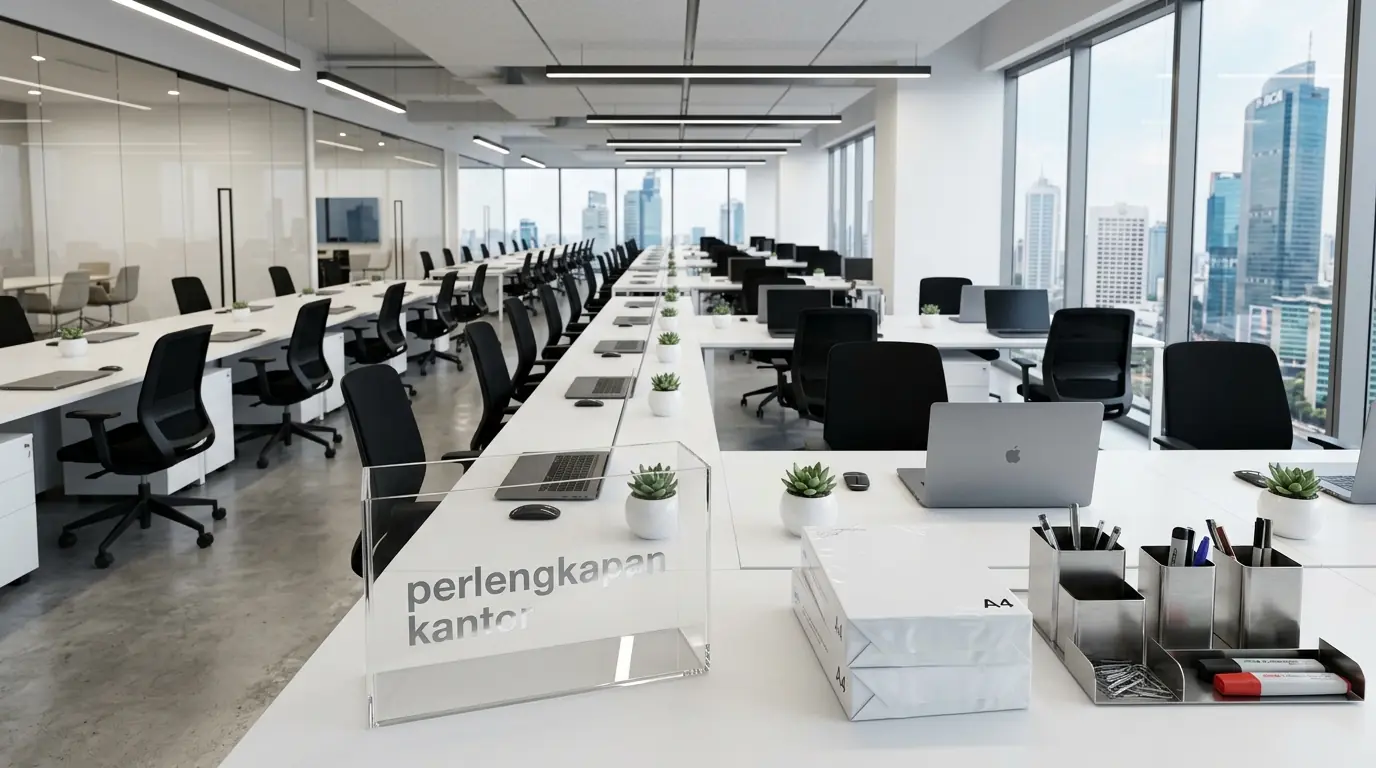 Desain tata ruang kantor minimalis modern dengan meja kerja modular di Jakarta