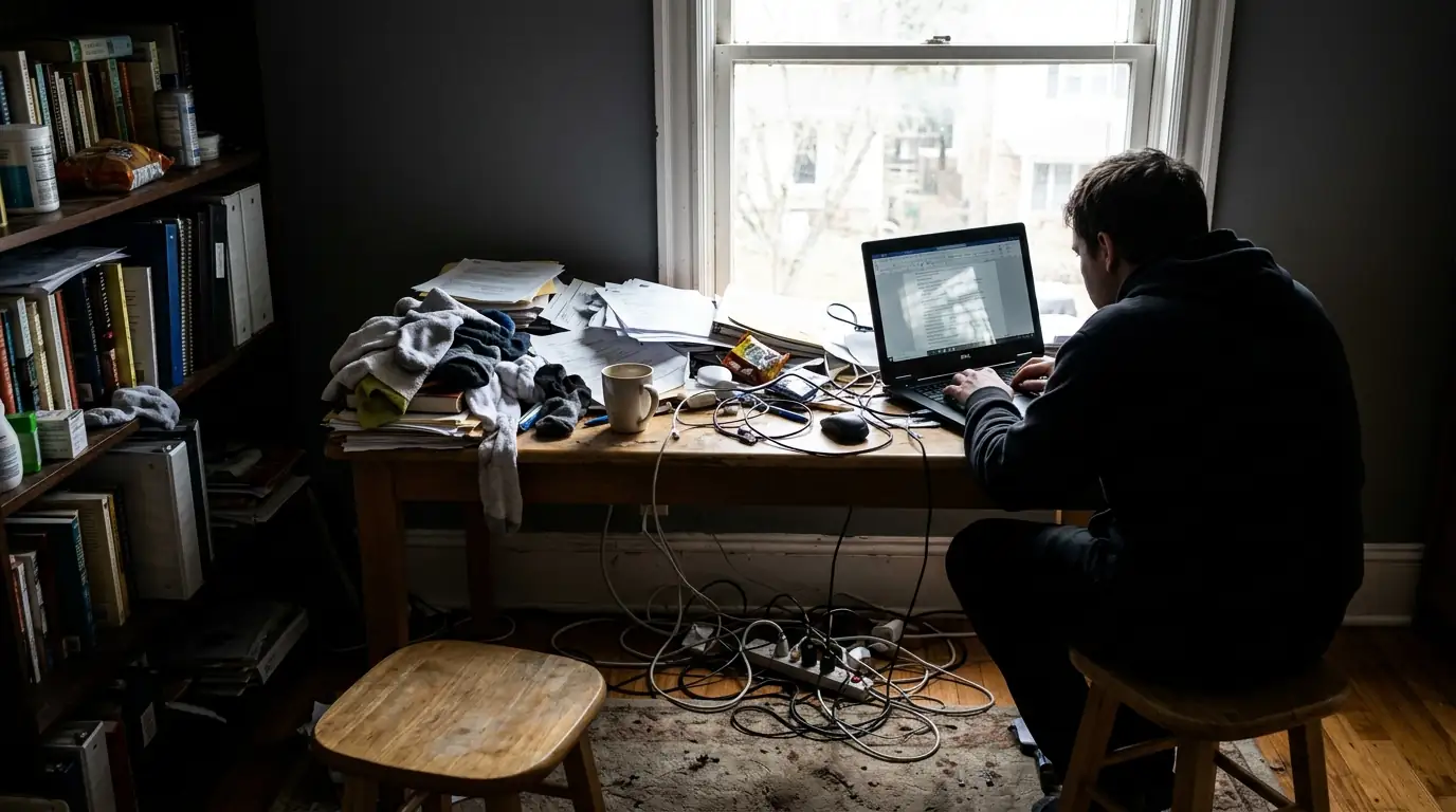Penataan meja kerja wfh yang salah dengan posisi membelakangi jendela dan layar monitor silau