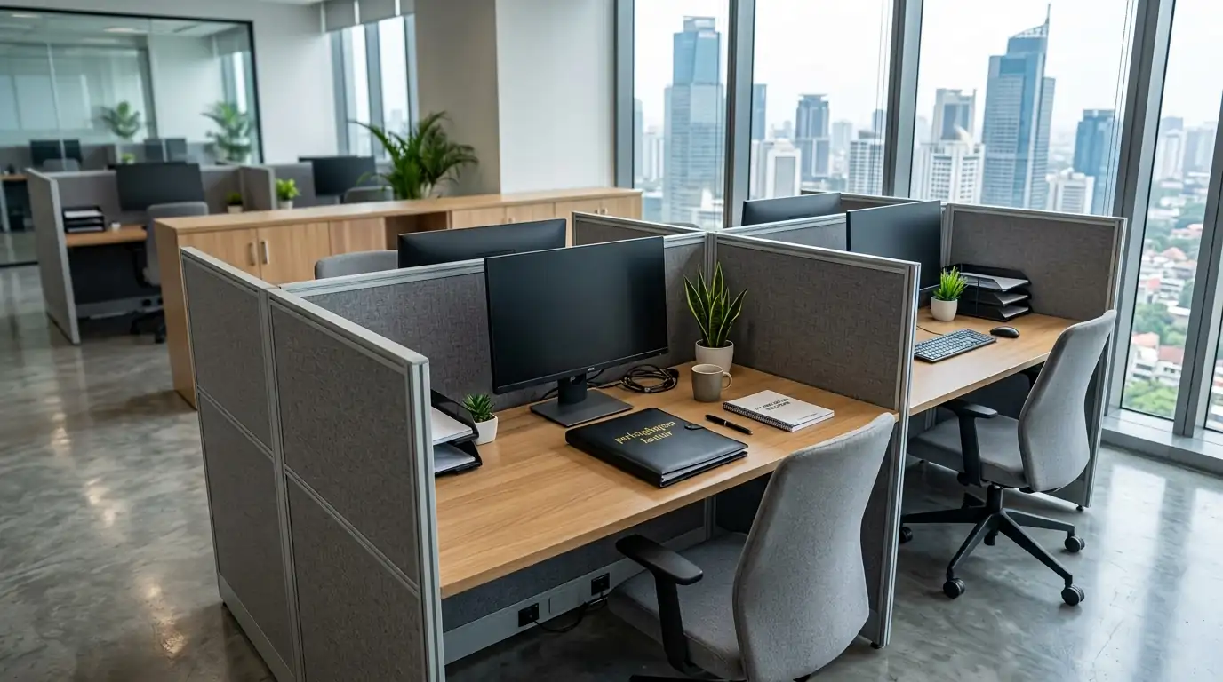 Kontraktor partisi meja staff Jakarta Selatan sedang menginstalasi sekat meja cubicle minimalis