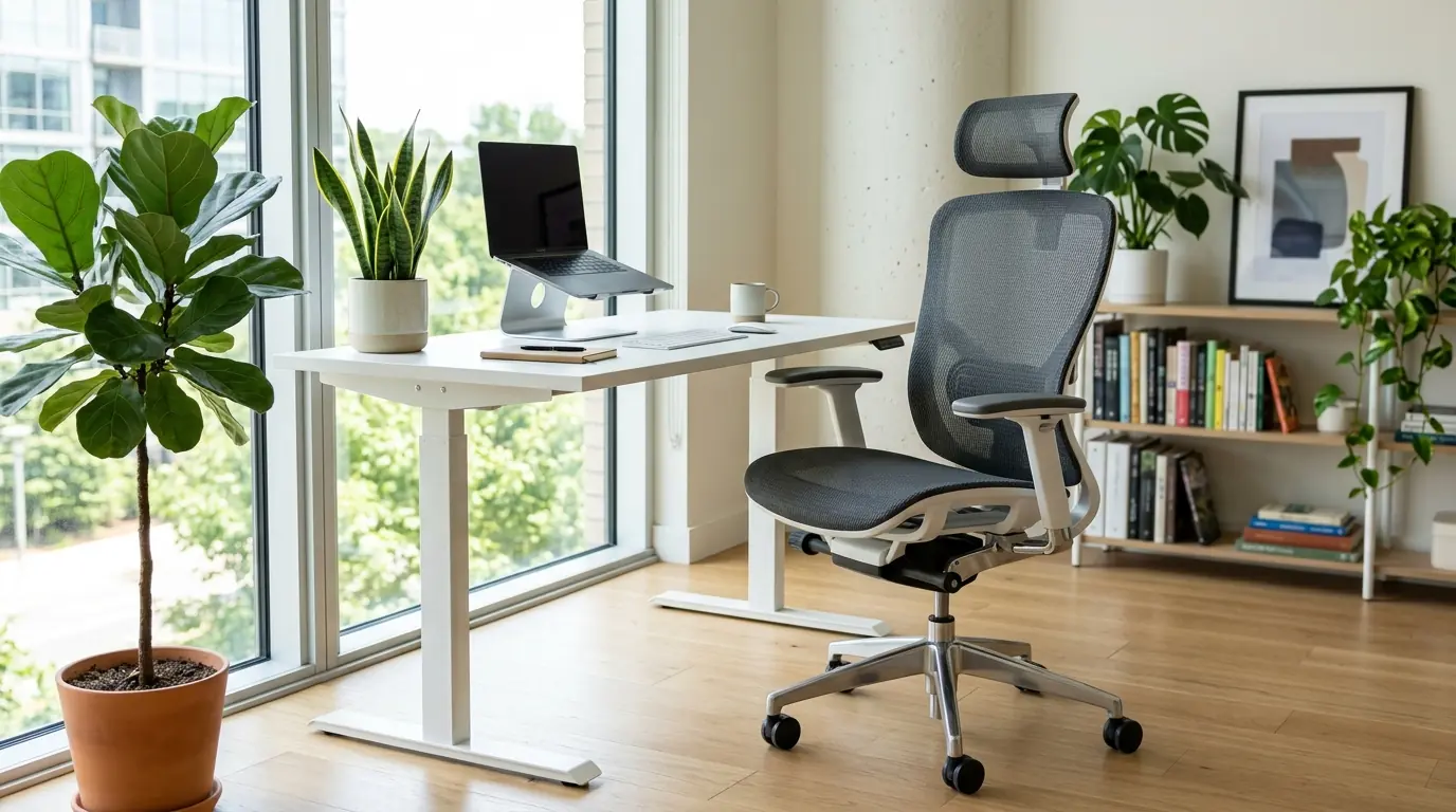 Komparasi kursi kulit direktur vs mesh mewah di ruang kantor eksekutif modern