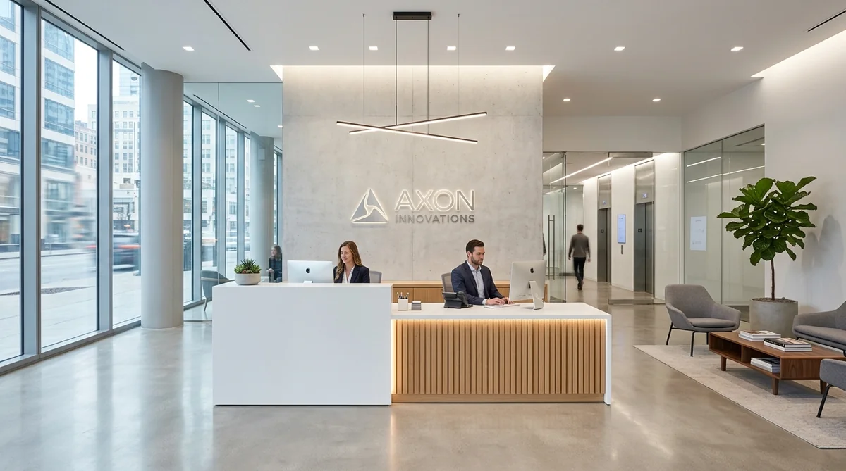 Desain meja resepsionis minimalis modern dengan aksen LED strip untuk lobi kantor elegan