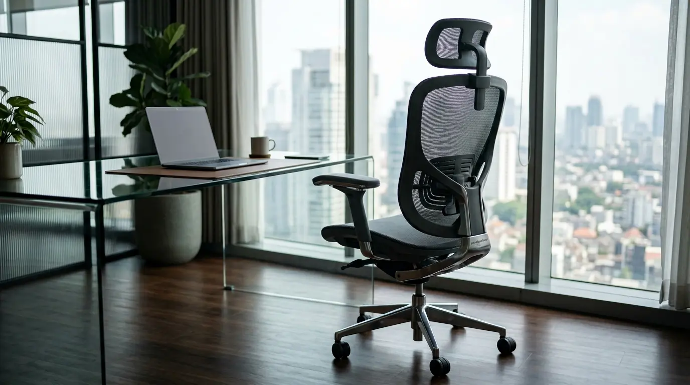 Kursi ergonomis modern untuk mengatasi sakit pinggang saat WFH di ruang kerja rumah