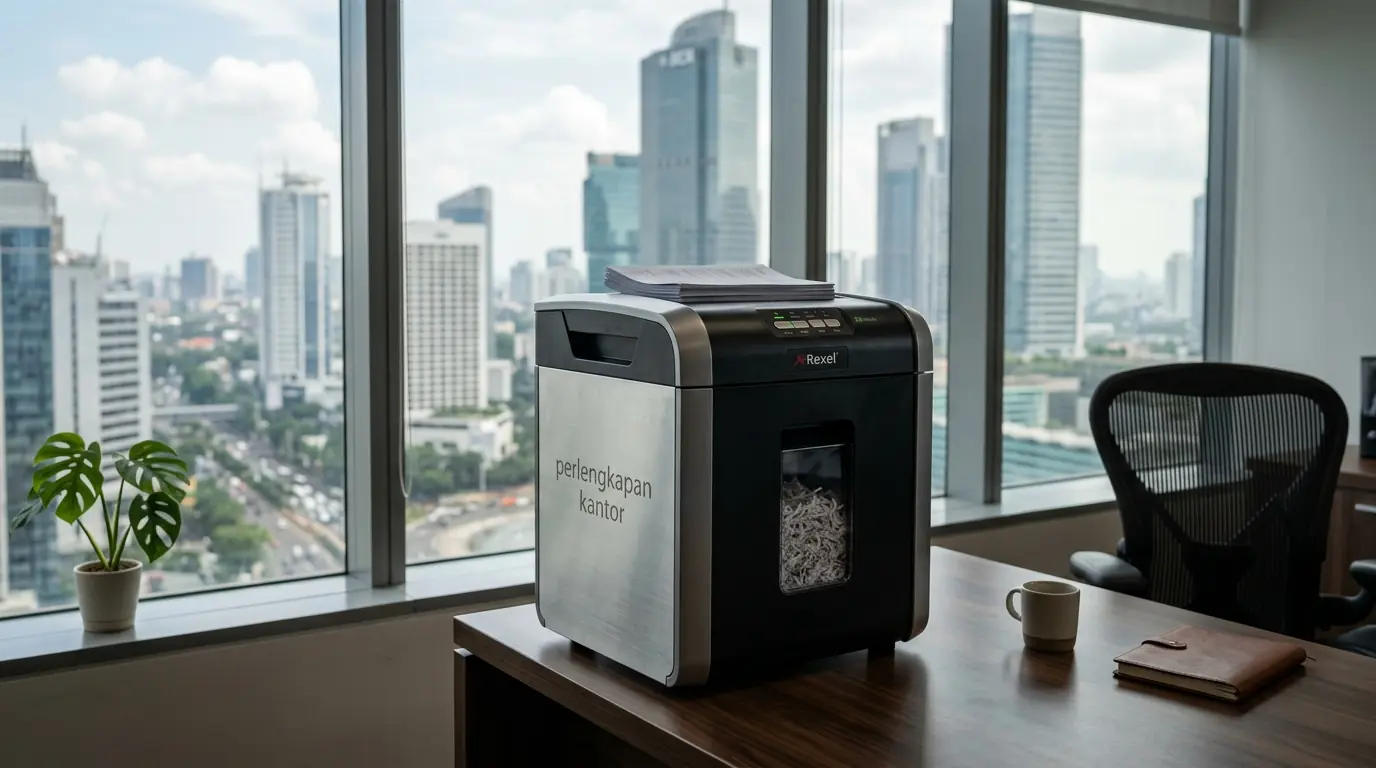 Penggunaan paper shredder perlengkapan kantor di ruang kerja korporat