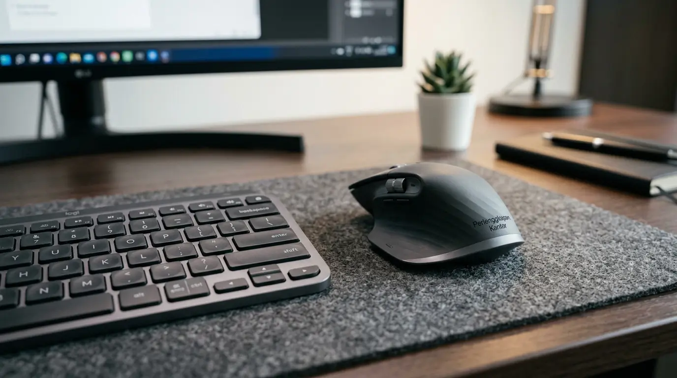 Penggunaan rekomendasi keyboard senyap murah dan mouse ergonomis murah di meja kerja