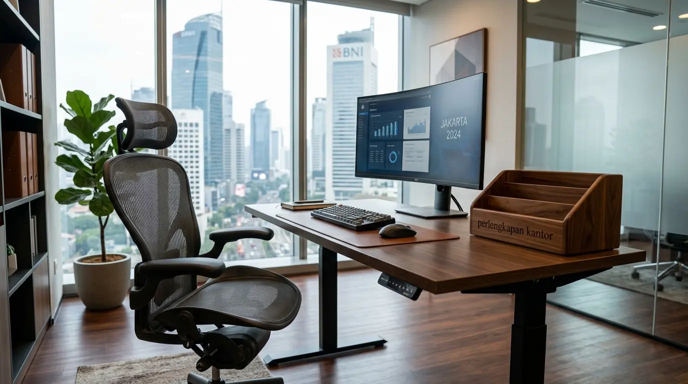 Set perlengkapan kantor ergonomis penopang punggung dan meja adjustable