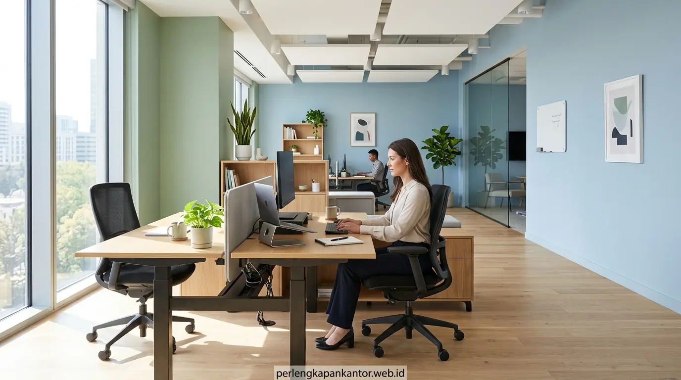 Pilihan warna cat dinding kantor fokus dengan aksen sage green dan pencahayaan alami modern