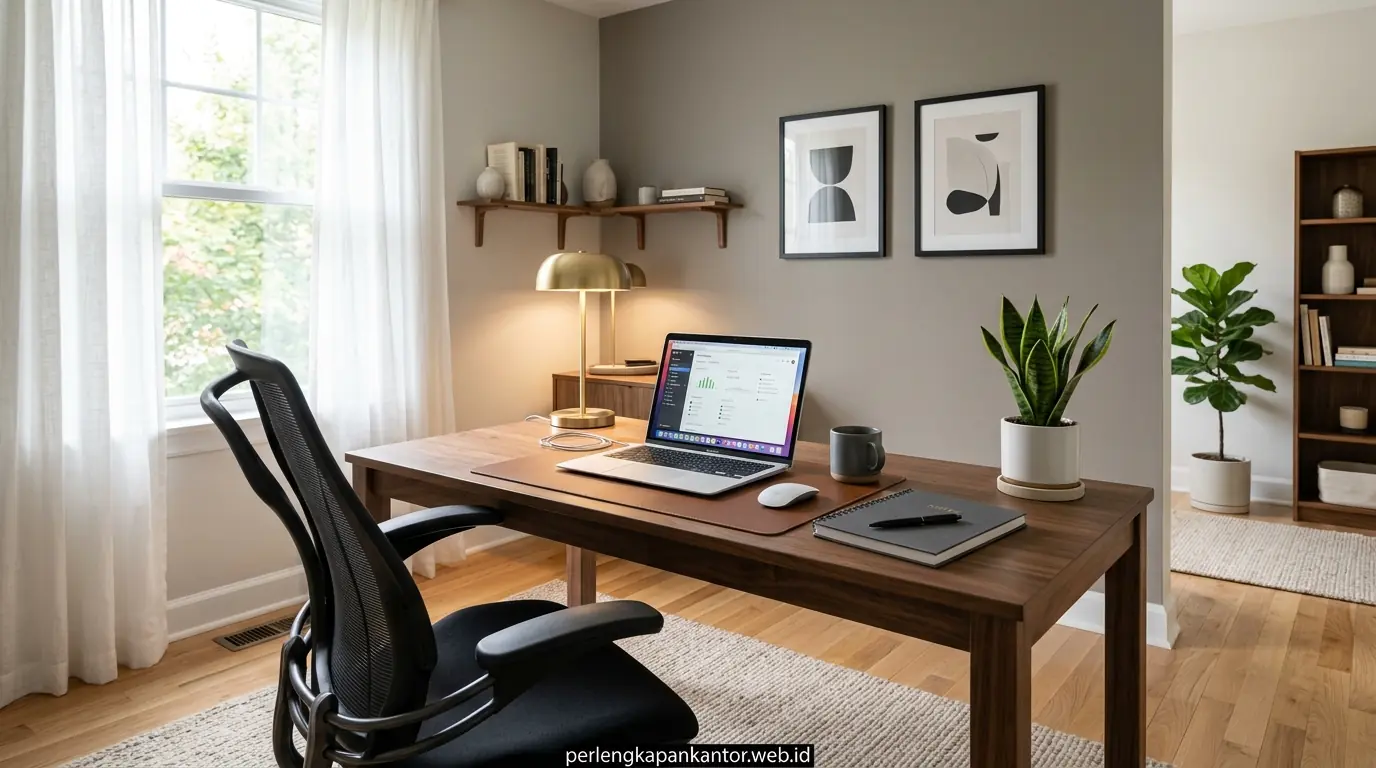 Penerapan warna dinding kantor kombinasi biru navy dan warm white pada ruang kerja open plan